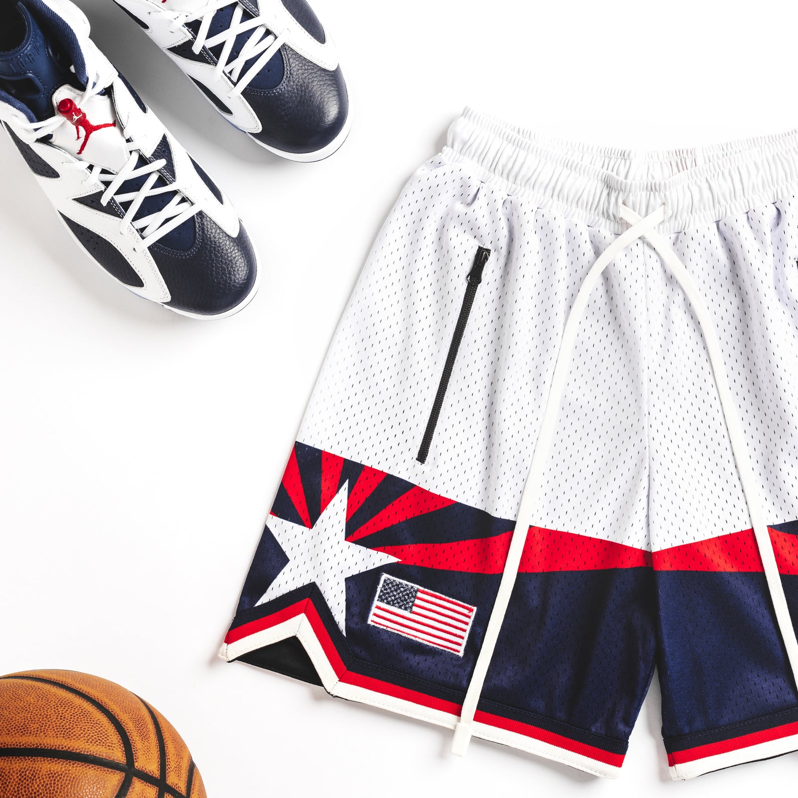 "USA Sunset" - White Heavyweight Mesh Shorts