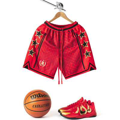 Year of the Snake Red NBA Swingman Heavyweight Mesh Basketball Shorts with zippered pockets, red snakeskin texture, long red drawstrings, hanging beside a Wilson Evolution basketball and red Nike Kobe 5 Year of the Mamba shoes