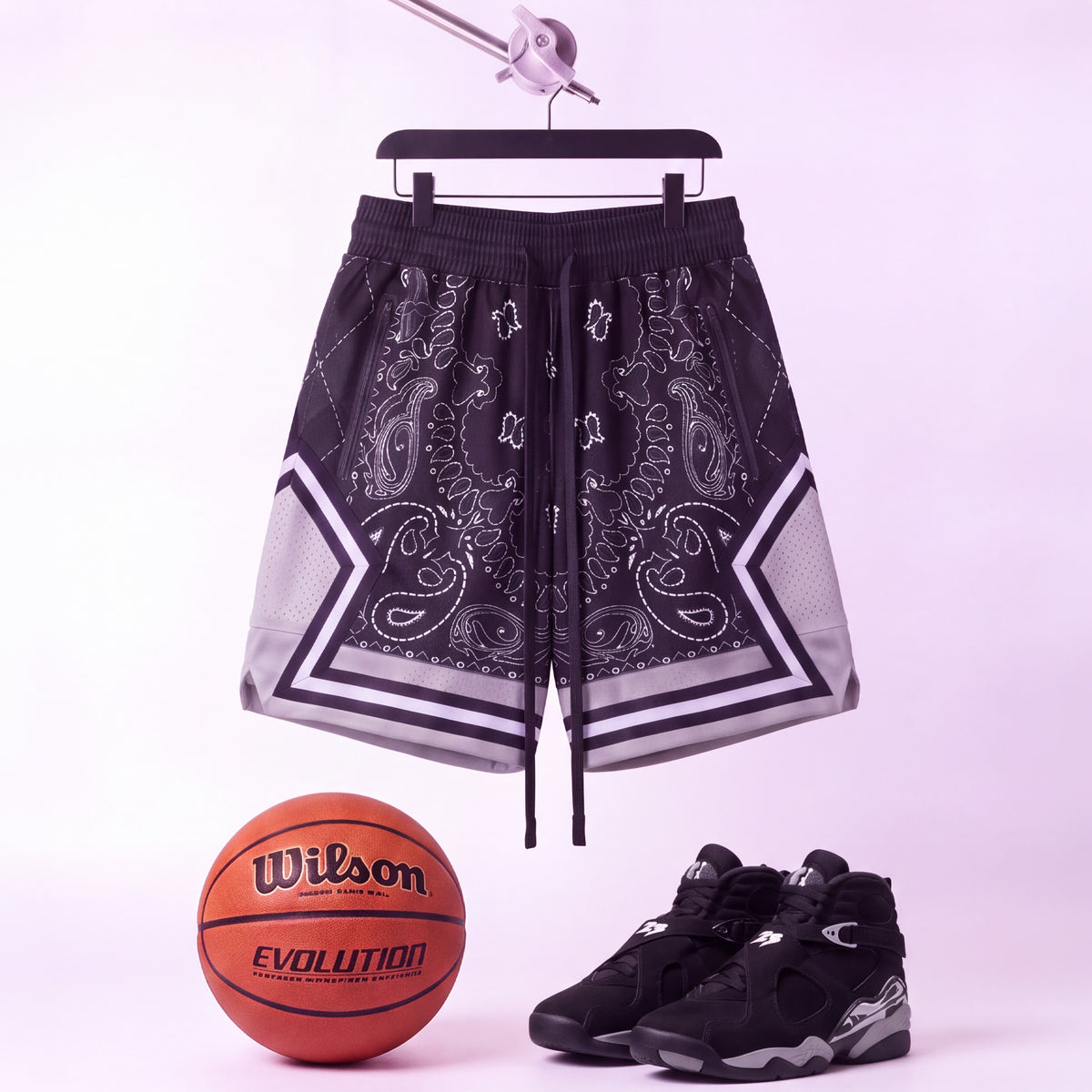 "Chi Black/Grey Paisley" Heavyweight Mesh Shorts