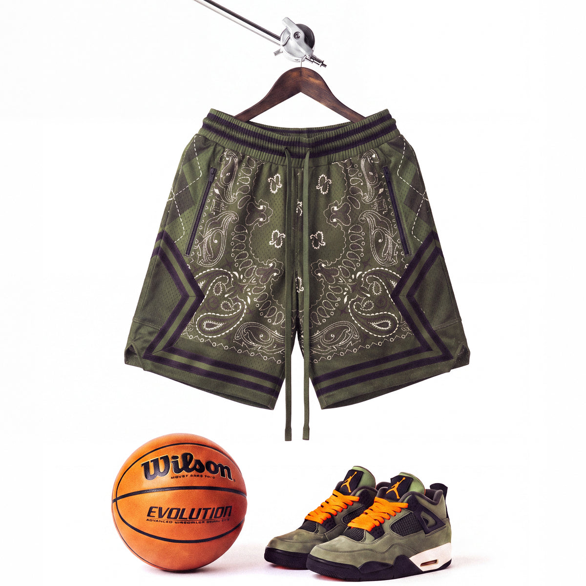 "Chi Dark Olive Paisley" Heavyweight Mesh Shorts