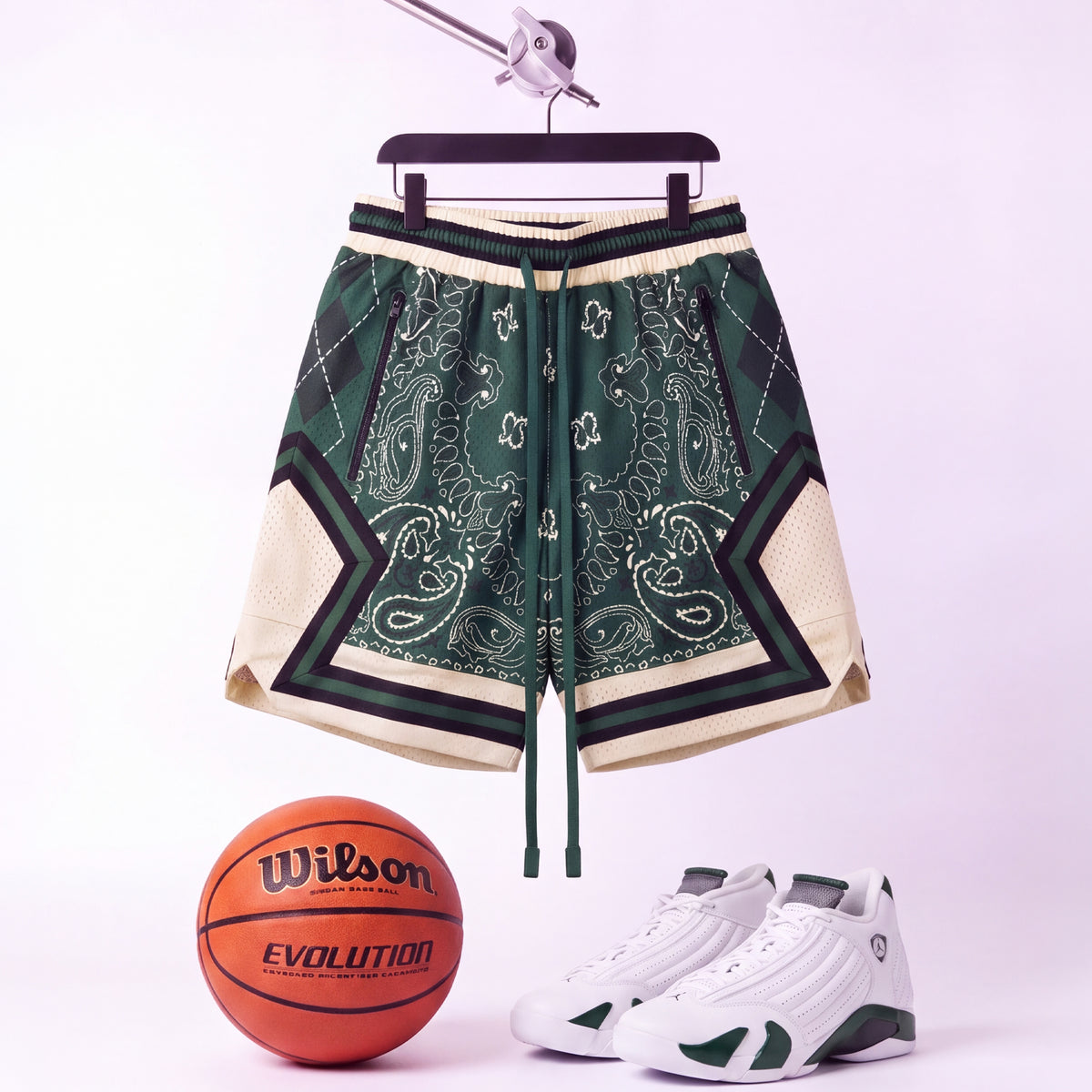 "Forest Green Paisley" Heavyweight Mesh Shorts