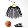 Venom Black heavyweight mesh basketball shorts with white black mamba snakeskin pattern. Stars on the side panels with ribknit trim